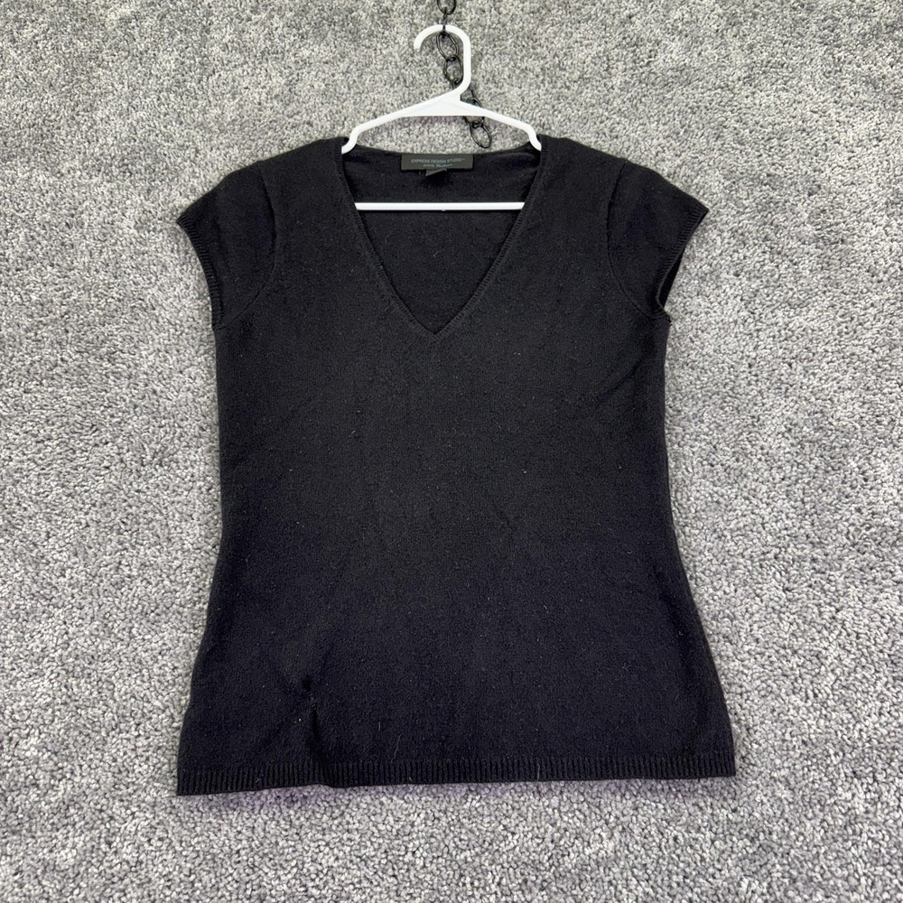 Express Design Studio Sweater Womens Small Black V Neck 100% Cashmere Cap Sleeve
